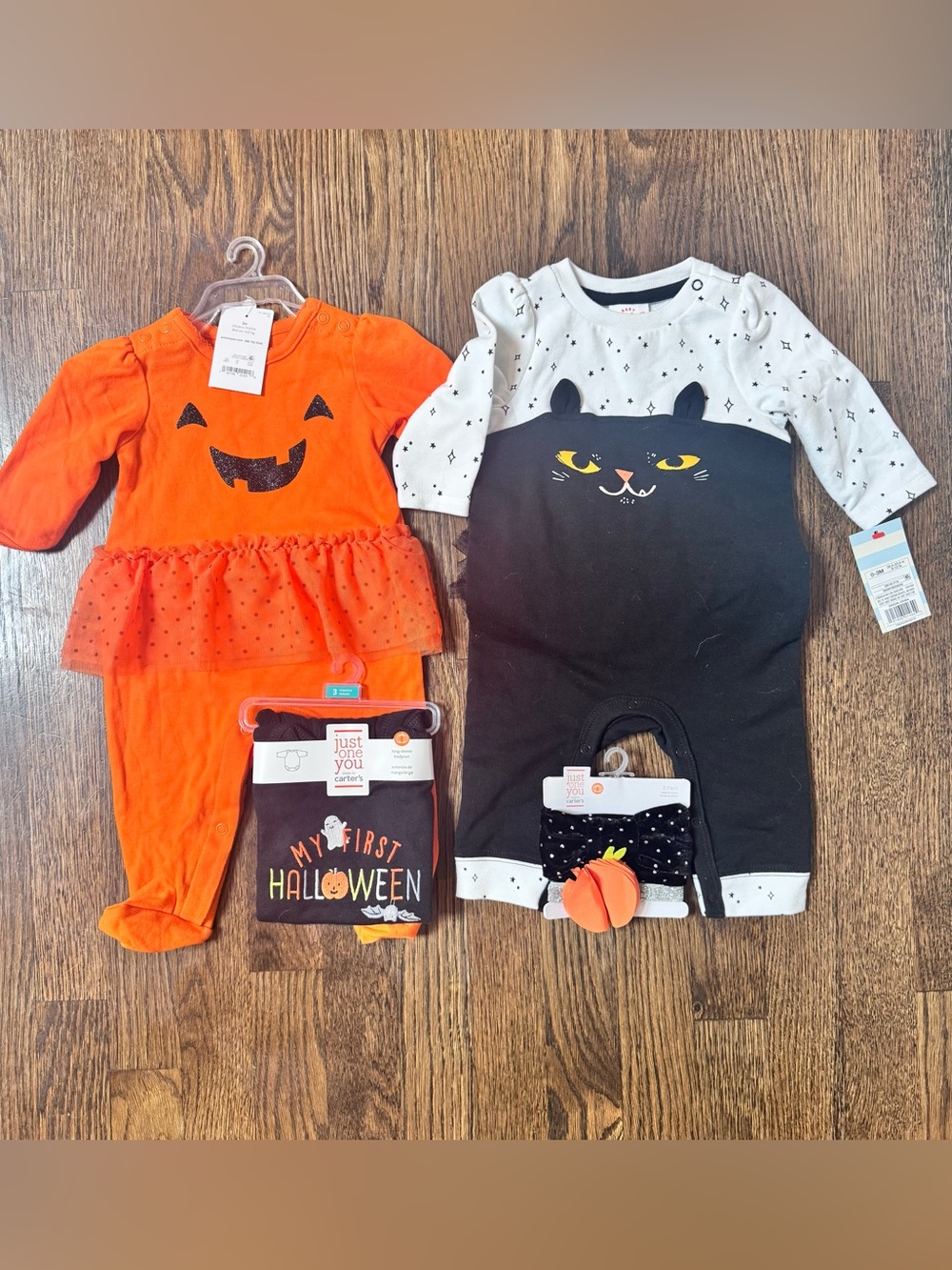 NEW cat and Jack carters Halloween ruffle black cat pumpkin onesie pajamas headb
